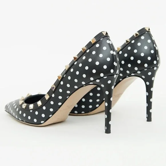 Valentino Rockstud Studded Polkadot Pointed Toe Black Leather Pump Heels - Picture 4 of 5